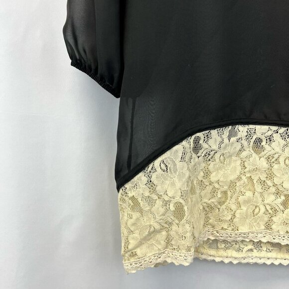 Lily White Womens Blouse Black 3/4 Sleeve Scoop Neck Sheer Lace USA M - Picture 7 of 10